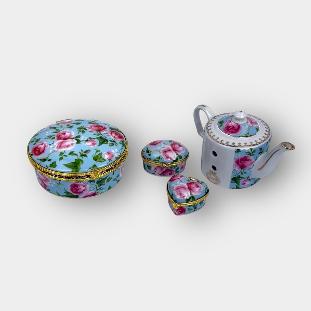 Sorelle Porcelain Rose Floral Trinket Box Set Blue Pink Gold Teapot Decor Piece‎
